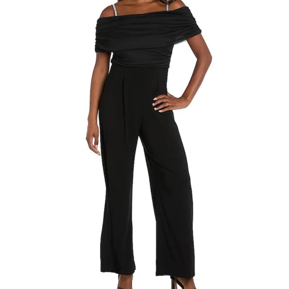 Chiffon Off the Shoulder Women’s Jumpsuit Black Size 12 Classy Elegant Formal